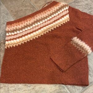 Rust Orange Knit one shoulder Sweater with Patterned Trim